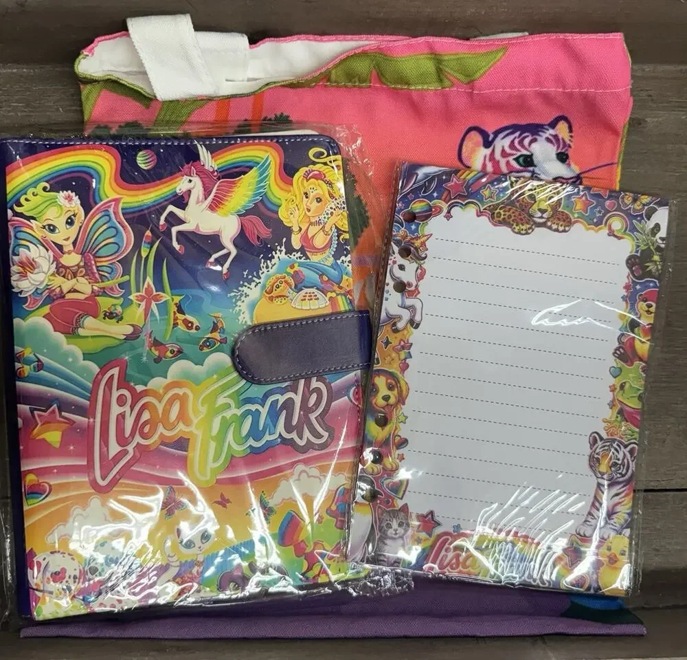 Lisa Frank A5 binder with matching printed paper and canvas tote bag